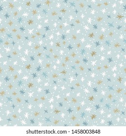 Seamless pattern. Hand drawn abstract winter snowflakes. Stylish crystal stars on ice  background. Elegant simple holiday all over print. Festive gift wrapping paper yule illustration. Vector swatch.