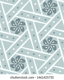Seamless pattern. Hand drawn abstract winter snowflakes. Stylish crystal stars on cream background. Elegant boho holiday all over print. 