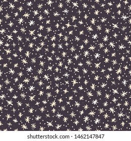 Seamless pattern. Hand drawn abstract winter snowflakes. Stylish crystal stars on ecru background. Elegant simple holiday all over print. 