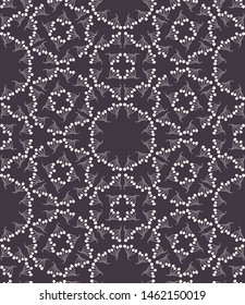 Seamless pattern. Hand drawn abstract winter snowflakes. Stylish crystal stars on ecru background. Elegant boho holiday all over print. 