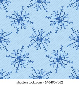 Seamless pattern. Hand drawn abstract winter snowflakes. Stylish crystal stars on green background. Festive  holiday all over print. 