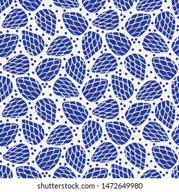 Seamless pattern. Hand drawn abstract organic seed pod shape background. Monochrome textured flower head blue and white all over print swatch