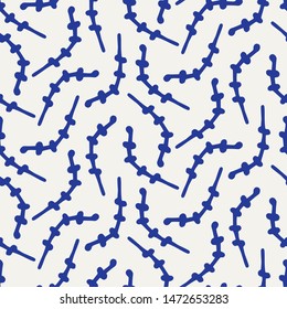 Seamless pattern. Hand drawn abstract organic twig leaf shape background. Monochrome textured plant branch blue and white all over print swatch