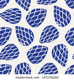 Seamless pattern. Hand drawn abstract organic seed pod shape background. Monochrome textured flower head blue and white all over print swatch
