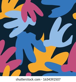 Seamless pattern with hand drawn abstract flower blooms on dark blue background for surface design and other design projects