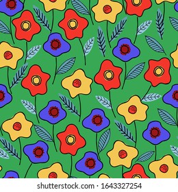 Seamless pattern with hand drawn abstract flowers and leaves on green background. Summer concept. Meadow concept
