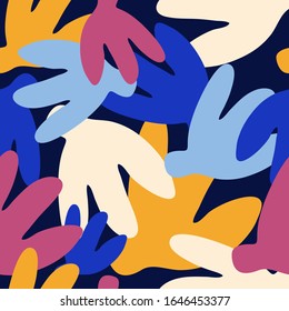Seamless pattern with hand drawn abstract flower blooms on dark blue background for surface design and other design projects