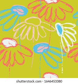 Seamless pattern with hand drawn abstract flowers on sunny yellow background for surface design and other design projects. Summer concept. Spring concept