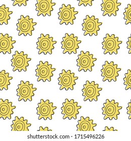 Seamless pattern with hand drawn abstract colorful sun on a white background. Doodle, simple outline illustration. It can be used for decoration of textile, paper and other surfaces.