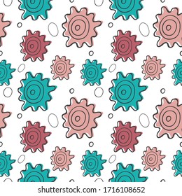 Seamless pattern with hand drawn abstract colorful sun on a white background. Doodle, simple outline illustration. It can be used for decoration of textile, paper and other surfaces.