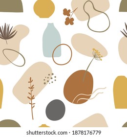 Seamless pattern with hand drawn abstract vases and florals and leaves. Repeating background for wrapping paper, fabric,textile, stationary products decoration.