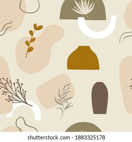 Seamless pattern with hand drawn abstract vases and florals and leaves. Repeating background for wrapping paper, fabric,textile, stationary products decoration.