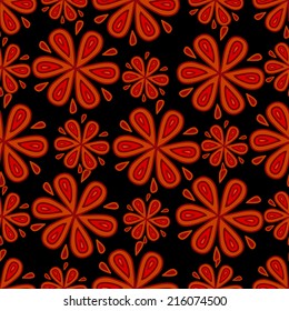 Seamless pattern with hand drawn abstract flowers on black background. Clipping mask is used, vector illustration.