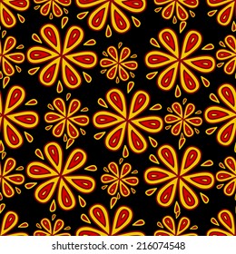 Seamless pattern with hand drawn abstract flowers on black background. Clipping mask is used, vector illustration.