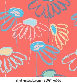 Seamless pattern with hand drawn abstract flowers on for surface design and other design projects. Lush Lava and Aqua Menthe trendy colors