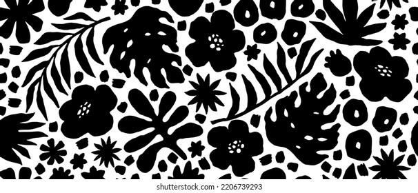 Seamless pattern with hand drawn abstract plants, flowers, leaves. Black and white endless background.