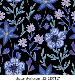 Seamless pattern with hand drawn abstract ornate flowers. Vector illustration in victorian style. Dark gothic floral texture. 