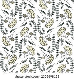 Seamless pattern with hand drawn abstract wildflowers. Line art meadow flowers on white background