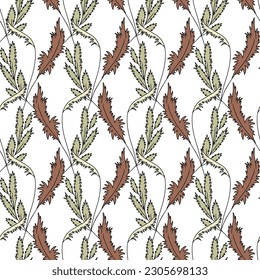 Seamless pattern with hand drawn abstract wildflowers. Line art meadow flowers on white background