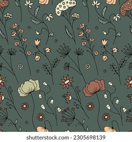 Seamless pattern with hand drawn abstract wildflowers. Line art meadow flowers on blue background