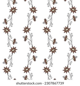 Seamless pattern with hand drawn abstract wildflowers. Line art meadow flowers on white background