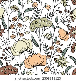 Seamless pattern with hand drawn abstract wildflowers. Line art meadow flowers on white background