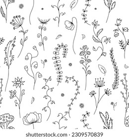 Seamless pattern with hand drawn abstract monochrome wildflowers. Line art meadow flowers on white background