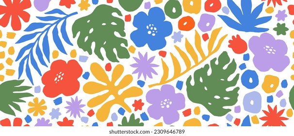 Seamless pattern with hand drawn abstract plants, flowers, leaves. Endless colorful background. Print for fabric, clothes, wallpaper.