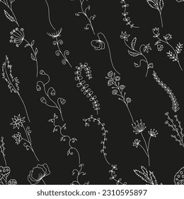 Seamless pattern with hand drawn abstract monochrome wildflowers. Line art meadow flowers on black background