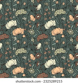 Seamless pattern with hand drawn abstract wildflowers. Line art meadow flowers on blue background