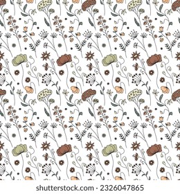 Seamless pattern with hand drawn abstract wildflowers. Line art meadow flowers on white background