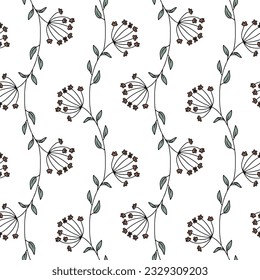 Seamless pattern with hand drawn abstract wildflowers. Line art meadow flowers on white background