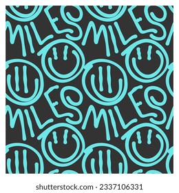 Seamless pattern of hand drawn abstract smiley faces andinscription smile.