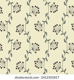 Seamless pattern with hand drawn abstract wildflowers. Line art meadow flowers on beige background