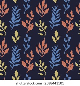 Seamless pattern with hand drawn abstract leaves on dark blue backdrop. Boho loose botanicals repeat background. Rough foliage wallpaper.