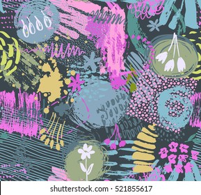 Seamless pattern with hand drawn abstract ink texture and floral nature motif. Colorful endless vector background.