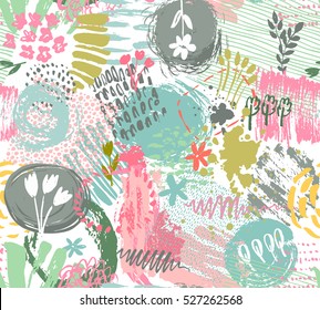 Seamless pattern with hand drawn abstract ink texture and floral nature motif. Colorful endless vector background