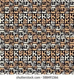 Seamless pattern with hand drawn abstract elements forming vertical lines on dark background. Stock vector illustration for wallpaper, backdrop, textile, fabric.