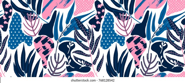 Seamless pattern, hand drawn abstract plant, leaf and flowers, pink and blue tones on white background