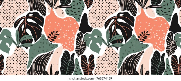 Seamless pattern, hand drawn abstract plant, leaf , Split leaf Philodendron, green and pink tones on white background