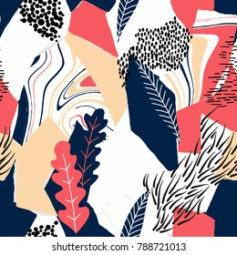 Seamless pattern, hand drawn abstract shape and plants on white background, red and blue tones Seamless pattern, hand drawn abstract shape and plants on white background, red and blue tones