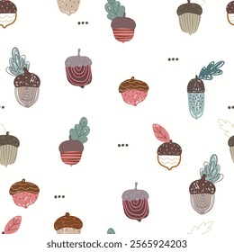 Seamless pattern with hand drawn acorns, fall pattern. 