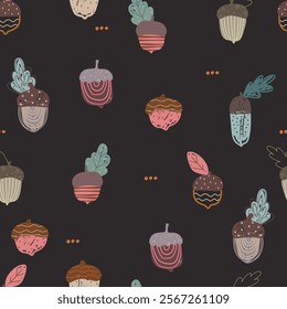 Seamless pattern with hand drawn acorns, fall pattern. 