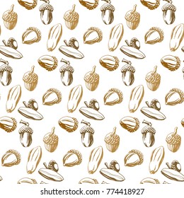 Seamless pattern with hand drawn acorns. Vector illustration of oak seeds, for fabric or wrapper. Sample in file.