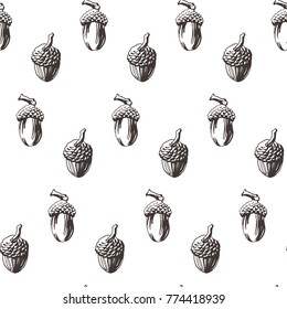 Seamless pattern with hand drawn acorns. Vector illustration of oak seeds, for fabric or wrapper, isolated. Sample in file.