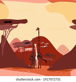 Patrón sin foco con jirafas africanas dibujadas a mano. Paisaje de Savannah, animales salvajes. Paisaje natural con valle y puesta de sol. Vector