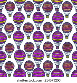 Seamless pattern with hand drawn air balloons, clipping mask is used, vector illustration. Hot air balloon.