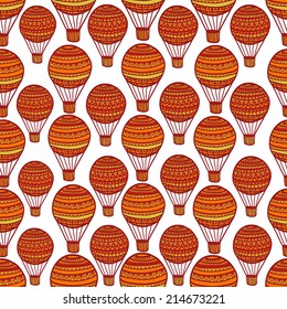 Seamless pattern with hand drawn air balloons, clipping mask is used, vector illustration. Hot air balloon.