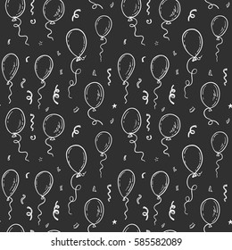 Seamless pattern with hand drawn air balloons on a blackboard background.