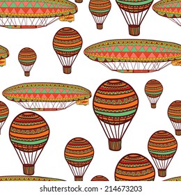 Seamless pattern with hand drawn airships and hot air balloons, clipping mask is used, vector illustration. Dirigibles.